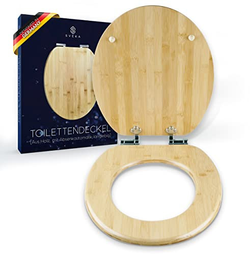 SVEKA Toilettendeckel Bambus - WC Sitz Holz mit Absenkautomatik - Universal Klodeckel Bambus 100% - Massive Qualität - Rostfreie Metall-Scharniere - Schnellmontierung - Inkl. Montagezubehör