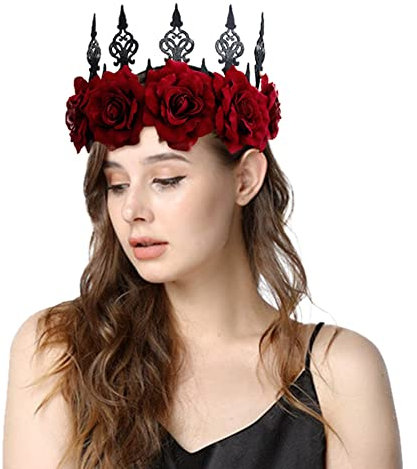 haozaikeji Blumenkranz Damen Mädchen Kopfschmuck Vintage Blumenkrone Halloween Blumen Stirnband Hochzeit Fasching Haarkranz Rose Braut Haarband Künstlich Krone für Zeremonie Festival Haarschmuck