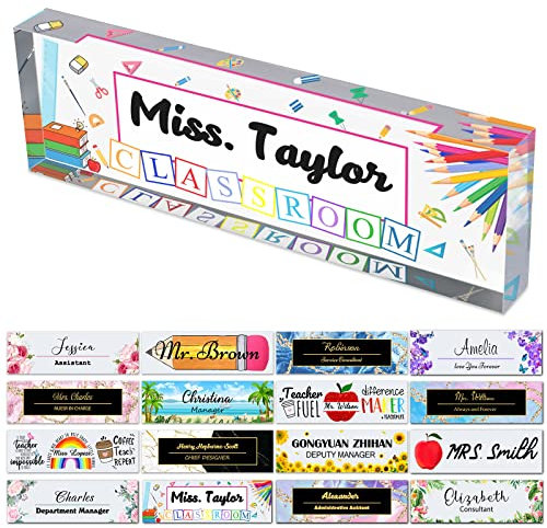 Platos de nombre de escritorio para oficina, placas de nombre de acrílico personalizadas para escritorios, diseño de maestros, en decoración de agradecimiento transparente, regalo (8 x 2.5 pulgadas)