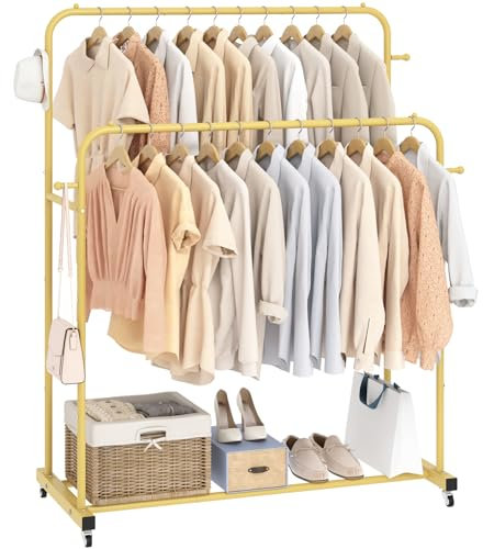 Laiensia Portant à vêtements Double Tringle avec roulettes, Porte-vêtements pour Suspendre Les vêtements, 4 Crochets, Porte-vêtements Multifonction pour Chambre à Coucher, doré