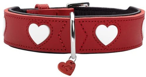 HUNTER Hundehalsband Love, Farbe: rot/schwarz, weiches, Robustes Rindsleder, einzeln eingenähte Herzen, handgefertigt, hoher, besonders anschmiegsam, Made in Germany, Größe 80