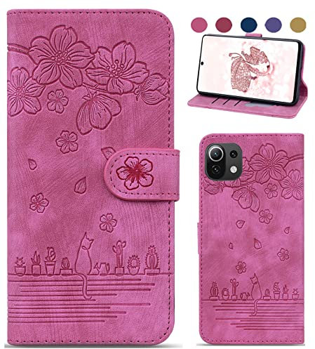 Bxithnr Handyhülle für Xiaomi 11 Lite 5G NE/Xiaomi Mi 11 Lite 4G/5G Hülle, Xiaomi 11 Lite Hülle Leder Klapphülle Brieftasche Magnetverschluss Flipcase Cover mit [Standfunction] [Kartenfach] - Rose