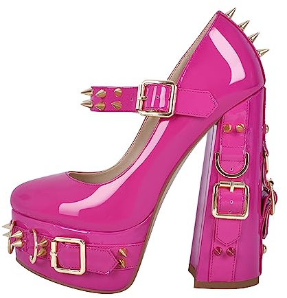 Only maker Damen Mary Jane Halbschuhe Plateau Pumps Lolita Plateau High Heels Chunky Damenschuhe Metallic Fuchsia 46 EU