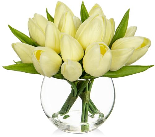 Oairse Juego de 14 flores artificiales en jarrón de cristal con forma de tulipanes de tacto realista, con mini ramo de tulipanes de color crema para el hogar, bodas, centros de mesa, decoración