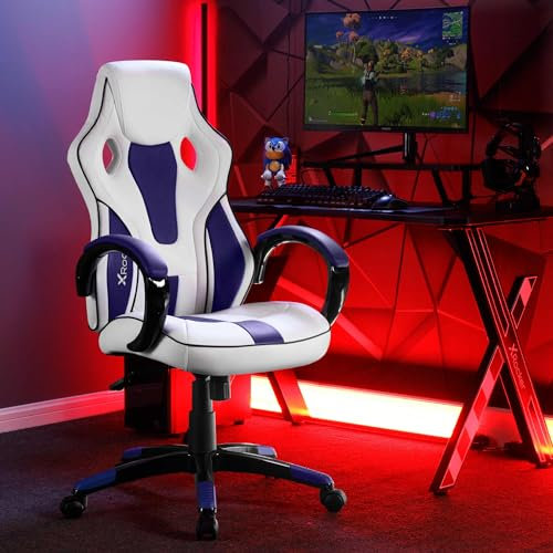X-Rocker Maverick Gaming Racing Desk Chair, Adjustable Computer Office Chair with Mid-Back Support, PU Leather Height Adjustable Swivel Base with Natural Lumbar Support Curve - WHITE/BLUE