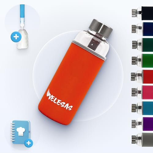 Velesas® Trinkflasche 1l | 500ml mit Schutzhülle | Glasflasche 500ml spülmaschinenfest mit Neoprenhülle und Edelstahldeckel | Wasserflasche für Schule, Arbeit, Fitnesssport, BPA-Frei | Orange