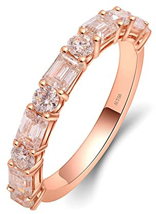 Lieson Women's Wedding Bands, 18ct Rose Gold Band Ring Promise Rings Her Elegant Row of Rectangular Round Moissanite Engagement Ring Rose Gold Ring Size S 1/2