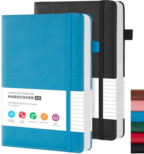 FOCUS DAY Notizbuch A5 Liniert, 2er Pack (Blau und schwarz) Leder Notizblock Notizbücher, Hardcover Journal Buch mit 100 g/m² Premium Papier, Tagebuch für Erwachsene, 14.5 x 21.3 cm