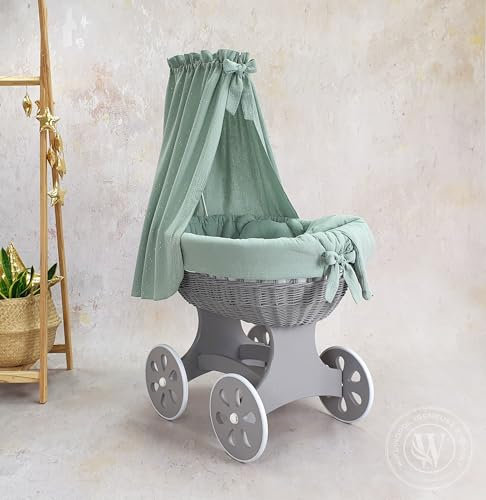 Moseskorb grau mit Gestell und Matratze mit Baldachin und Bettwäsche (Khaki)