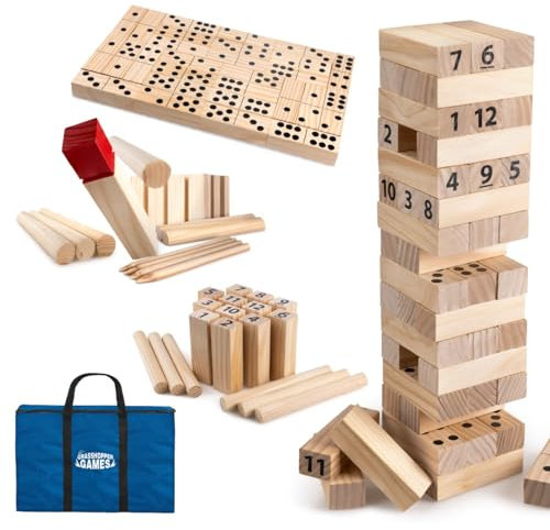 Grasshopper Games Giant 4 in 1, Stack ‘N’ Fall, Dominoes, Kubb, Outdoor Family Garden Games for Kids and Adults