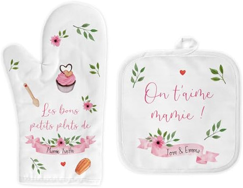 Duo de gant et manique de cuisine personnalisée, cadeau pour mamie, Fête des grands-mères