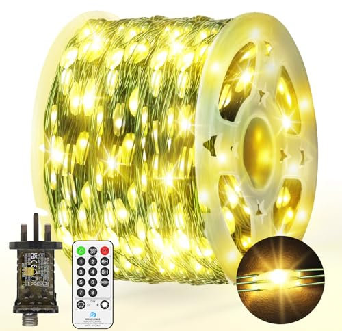 170 FT 500 LED Fairy Lights Plug in String Lights Outdoor Green Copper Wire Christmas Tree Lights Waterproof with Remote Timer 8 Modes Memory for Bush Branch Plants Garden Decoration Warm White