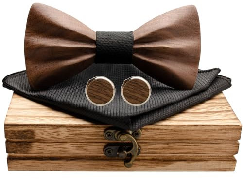 Mr.Van Holzfliege, Holz Fliege Herren 3D Natürliche Schwarze Walnuss Manschettenknöpfe Einstecktuch Set Bräutigam Trauzeuge Hochzeit Abschlussball mit Geschenkbox für Männer