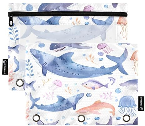 Mnsruu Fish and Jellyfish Federmäppchen mit 3 Ringen, mit Reißverschluss, transparentes Fenster, Schreibwarentasche zur Aufbewahrung von Schul- und Bürobedarf, 2 Stück, mehrfarbig, Einheitsgröße,