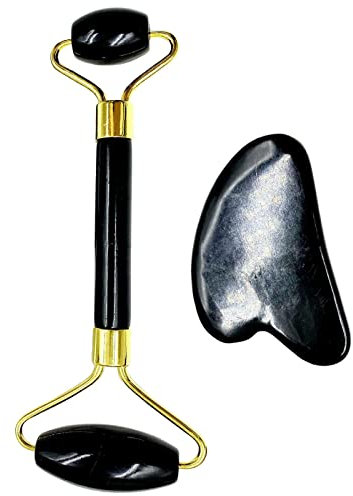 Natural Jade Gesichtsroller und Gua Sha Werkzeugset zur Hautstraffung und Faltenreduzierung - Handgefertigtes Beauty-Set mit echtem Jadestein - kühlend und straffend - Schwarz