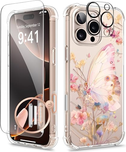 GVIEWIN Compatible with iPhone 16 Pro Case 2024,[Camera Control Button] with Screen &Camera Lens Protectors Clear Shockproof Drop Protection Anti-scratch Floral Cover for Women Girl,Magic Butterfly
