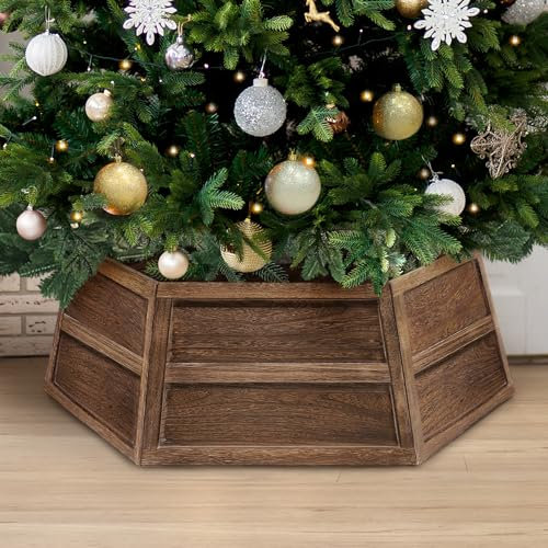 Stephan Roberts Hexagon Wooden Christmas Tree Collar – Made with Natural Wood, Vintage Rustic Design, Easy Assembly & Storage, Pet-Proof Tree Protection, Holiday Décor (Wood, 6 Panel)