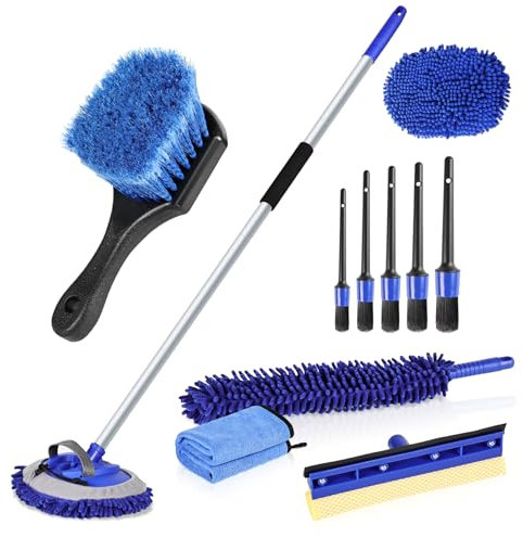MAXVINI Auto Waschen Set, 160CM Autowaschbürste mit Stiel, Radbürste, Detailing-Bürste, Mikrofaser-Staubwedel, Windschutzscheiben-Abzieher und Trockentücher - Komplettset für Auto, Wohnmobil, LKW
