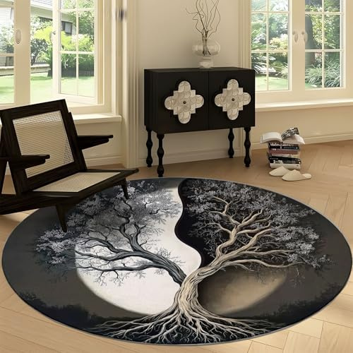 Generisch Rund Teppich Schlafzimmer Yin und Yang Lebensbaum Erwachsener Kind Wohnzimmer Rund Teppich rutschfeste Flauschiger Rund Teppich Waschbar Flanell Rund Teppiche 140 cm