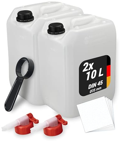 Trevendo 2er-Set Wasserkanister - Leerkanister - Kunststoffkanister (10 Liter, DIN 45, Ø35 mm) - lebensmittelecht & BPA-frei - inkl. Deckel, 2 Auslaufhähne, Ringschlüssel & 5 Beschriftungsetiketten