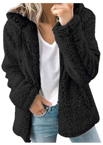 Lockenstab Fleecejacke Damen Mit Kapuze Winter Warm Super Weich Und Bequem Flanell Kapuzenpullover Teddyjacke Sweatshirt Reißverschluss Langarm Oberteile Top Frauen Mantel Kapuzenjacke(Schwarz,XL)