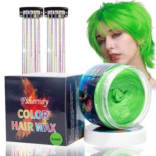 Tinte temporal de color verde para el pelo, cera de color para hombres y mujeres, con pomada de pelo natural, tinte de pelo con clip de color para loco color de fiesta (4,23 onzas, verde)