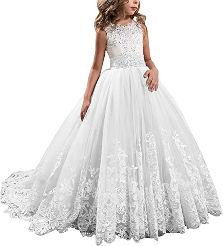 Aibaowedding Prinzessin Lange Mädchen Festzug Kleider Kinder Blumenmädchenkleider Prom Puffy Tulle Ballkleid(Weiß,8-9 Jahre)