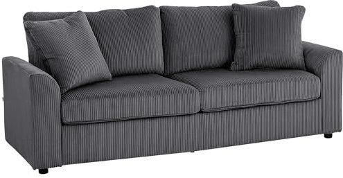 HOMCOM Modern 3 Seater Sofa with Spring Cushion, 212 cm Fabric Jumbo Cord Sofa Couch with 2 Scatter Cushions, Upholstered Corduroy Settee for Living Room, Bedroom, Home Office, Grey