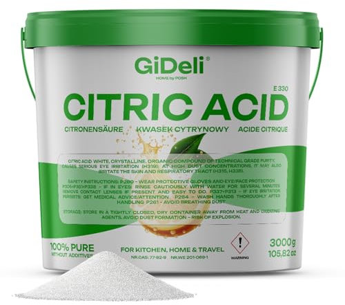 GiDeli Acide citrique de qualité alimentaire en poudre monohydraté 3000 g de cristaux E330 purs de qualité de nettoyage détartrant acidifiant non sucré dans un seau refermable de 3 kg