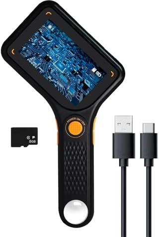 Digitales Mikroskop mit 7,6 cm (3 Zoll) IPS-Bildschirm, Autofokus, 8 LED-Leuchten, TF-Kartenschlitz, tragbare Handlupe für Münzen, Leiterplatten, Schmuckinspektion, Bildungsprojekte, kompatibel mit