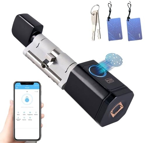 Serratura Smart, Serratura Elettronica Porta Blindata Supporta Impronta Digitale, Bluetooth App, Carta e Chiave, Cilindro Serratura Intelligente per Porte da 60-100mm, Lega Alluminio