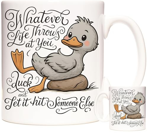 KAZMUGZ Funny Duck Quote Mug – “Whatever Life Throws at You, Duck and Let It Hit Someone Else” – 11oz Ceramic Coffee Cup in Gift Box