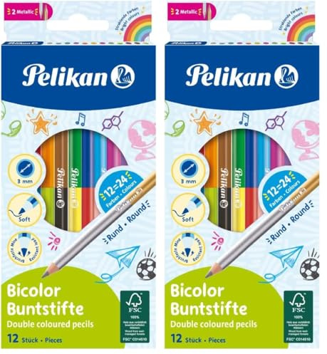 Pelikan 700146 12 Bicolor-Buntstifte, 24 Farben, rund, jeder Buntstift mit 2 verschiedenfarbigen Enden, farbig lackiert in Minenfarbe (Packung mit 2)