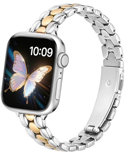 Light House Metal Apple Watch Strap Compatible with 38/40/41/42/44/45/46/49mm, Fashion Strap for iWatch Series 11 10 9 8 7 6 5 4 3 2 1 Ultra/SE 3 2 1, Slim Design for Women Men, Gold/Silver