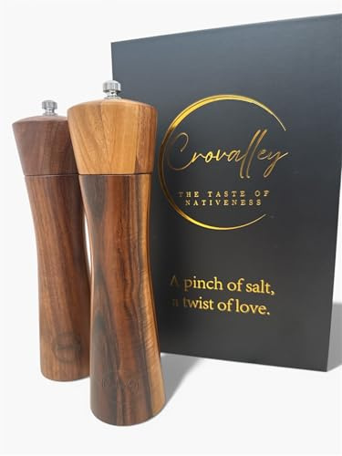 Crovalley Salz- und Pfeffermühle Geschenk-Set, Akazienholz, Keramikmahlwerk, in Geschenkverpackung für Hochzeit, Valentinstag, Jahrestag, Geburtstag