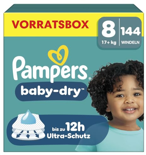 Pampers Baby-Dry Größe 8, 144 Windeln, 17kg+ | Bis zu 100% Auslaufschutz & Komfort die ganze Nacht