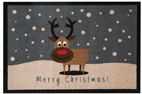 Hanse Home Fußmatte Weihnachten für Innen und Außen 40x60cm - Schmutzfangmatte Outdoor Türmatte Merry Christmas Rentier Waschbar & Wetterfest, rutschfest Eingangsbereich & Außenbereich – Grau Braun