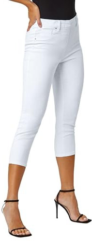 Roman Originals Cropped Jeggings for Women UK Ladies Capri Stretchy Jeans Denim Legging Cotton Summer Trouser Three Quarter 3/4 Length Pull On Cut Off High Waist Smart - White - Size 10