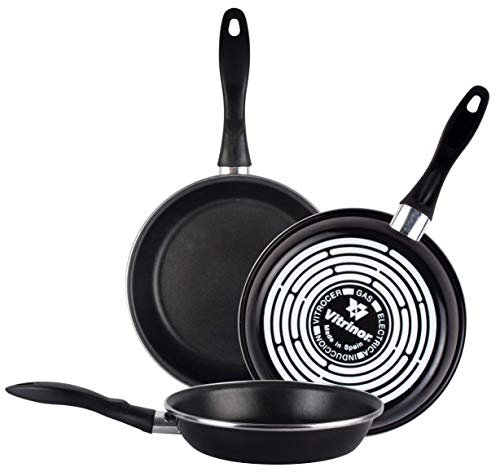 MAGEFESA Black Juego de 3 sartenes (24/26/28) cm, Exterior Color Negro. Antiadherente bicapa Reforzado, aptas para Todo Tipo de cocinas, Especial inducción. 50% de Ahorro energético.