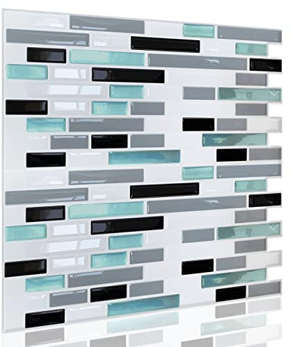WALPLUS 12 Stück 30.5x15.4cm Metallisches Türkis Mosaik Mehrfarbig 3D-Fliesenaufkleber Abziehen und Aufkleben Backsplash Abziehbilder Startseite Dekore Aufkantung für Küche Badezimmer Kacheln Farbe