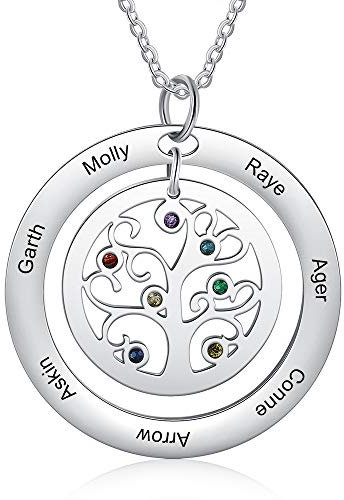 Collier Personnalisé Arbre de Vie Femmes Pendentif avec Prenom Gravé Collier avec 2-9 Pierre de Naissance Mère Fille Collier Famille Bijoux pour Anniversaire de la Fête des Mères (7 stones & 7 names)