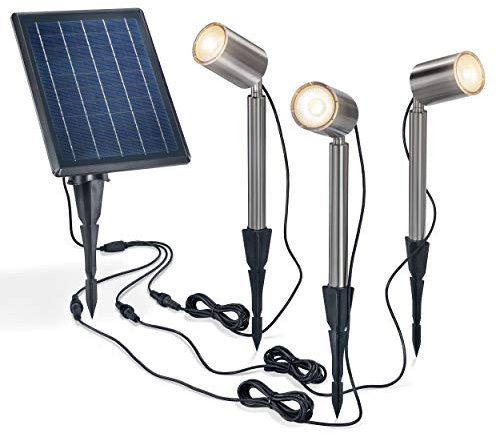 Esotec Premium LED Solarspot für außen PowerTRIO | 3er-Set DUO COLOR LED-Spot Solarstrahler | Bodenleuchte Teichbeleuchtung Solarstecker | 3000K 6000K METALL Erdspieß Akku IP44 wetterfest 102705