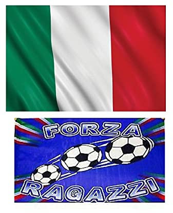 Zeus Party 2 Bandiere Per Tifoso Italiano - Bandiera Italia 90x150 cm + Bandiera Azzurra FORZA RAGAZZI 50x70cm con Asta da 75cm