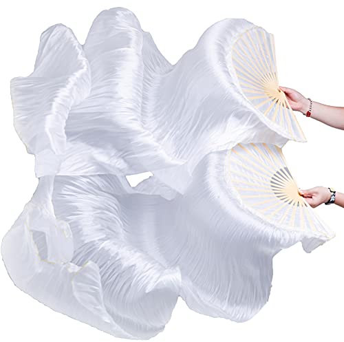 Women 1 Pair Hand-Made Silk Long Belly Dance Fan Veils White Color, White, 1.8 m