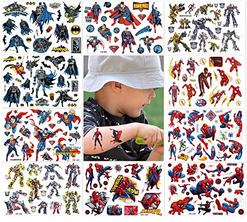 FEIFEI'S BOW Lot de 10 feuilles de tatouages temporaires Marvel hero pour enfants - Autocollants temporaires imperméables de super-héros - Pour remplir les sacs de fête (Sp)