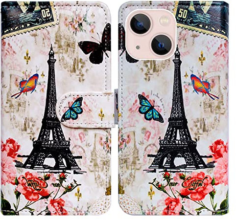 Bcov iPhone 14 Case, Paris Tower Butterfly Leather Flip Phone Case Wallet Cover with Card Slot Holder Kickstand For iPhone 14