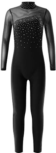 MSemis Kinder Mädchen Turnanzug Langarm Sportbody Ganzkörper Gymnastikanzug Ballettanzug Glitzer Trikot mit Stehkragen Trainingsanzug Schwarz 134-140