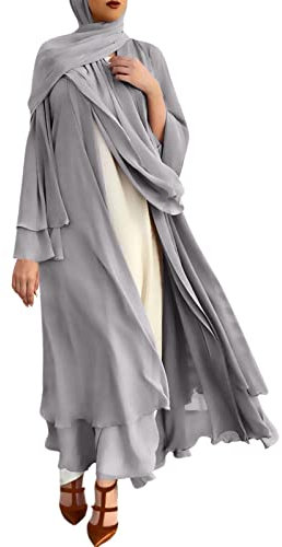 Briskorry Damen Muslimische Strickjacke, Weich und Mode Chiffon Solide Strickjacke, Lose Lange Lässige Elegante Weiche Strickjacke, Damen Mantel Winter, Chiffon-Strickjacke + Gürtel, ohne Hijab
