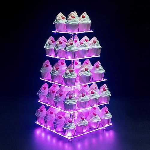 OLACHIKKO Cupcake-Ständer, 5-stöckig, quadratischer Cupcake-Halter mit LED-Lichterkette, Acryl-Cupcake-Turm, Dessertturm, Gebäckständer, Cupcake-Etagenständer für Hochzeit, Geburtstagsparty (rosa