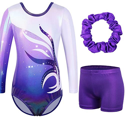 ZNYUNE Gymnastikanzug Hose mädchen Turnanzug Ärmellos/Langarm turnkleidung mädchen Gymnastik Tumbling Tanz Hose KHB272 WhitePurple 8A